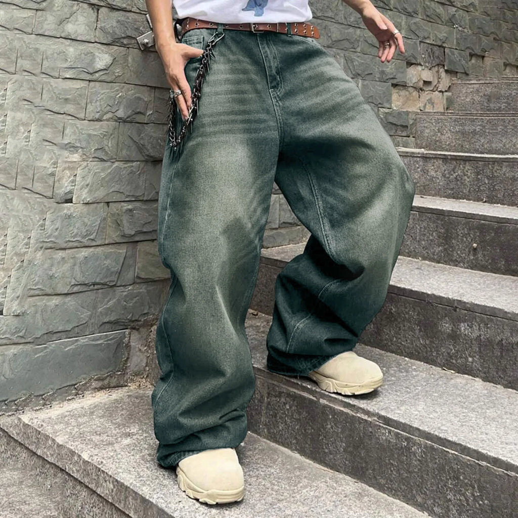 Men's Baggy Denim Pants, Wide Leg, High Waist, Belt Casual Pants, Loose Plus Size Stylish Streetwear