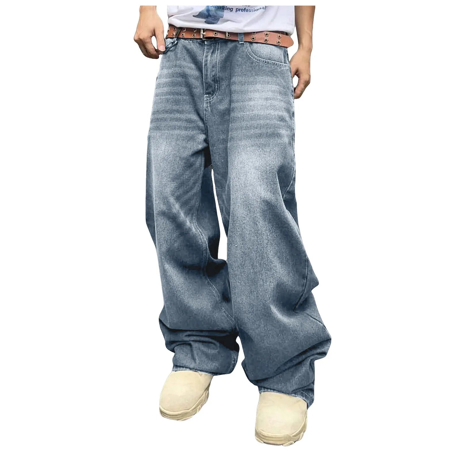 Men's Baggy Denim Pants, Wide Leg, High Waist, Belt Casual Pants, Loose Plus Size Stylish Streetwear