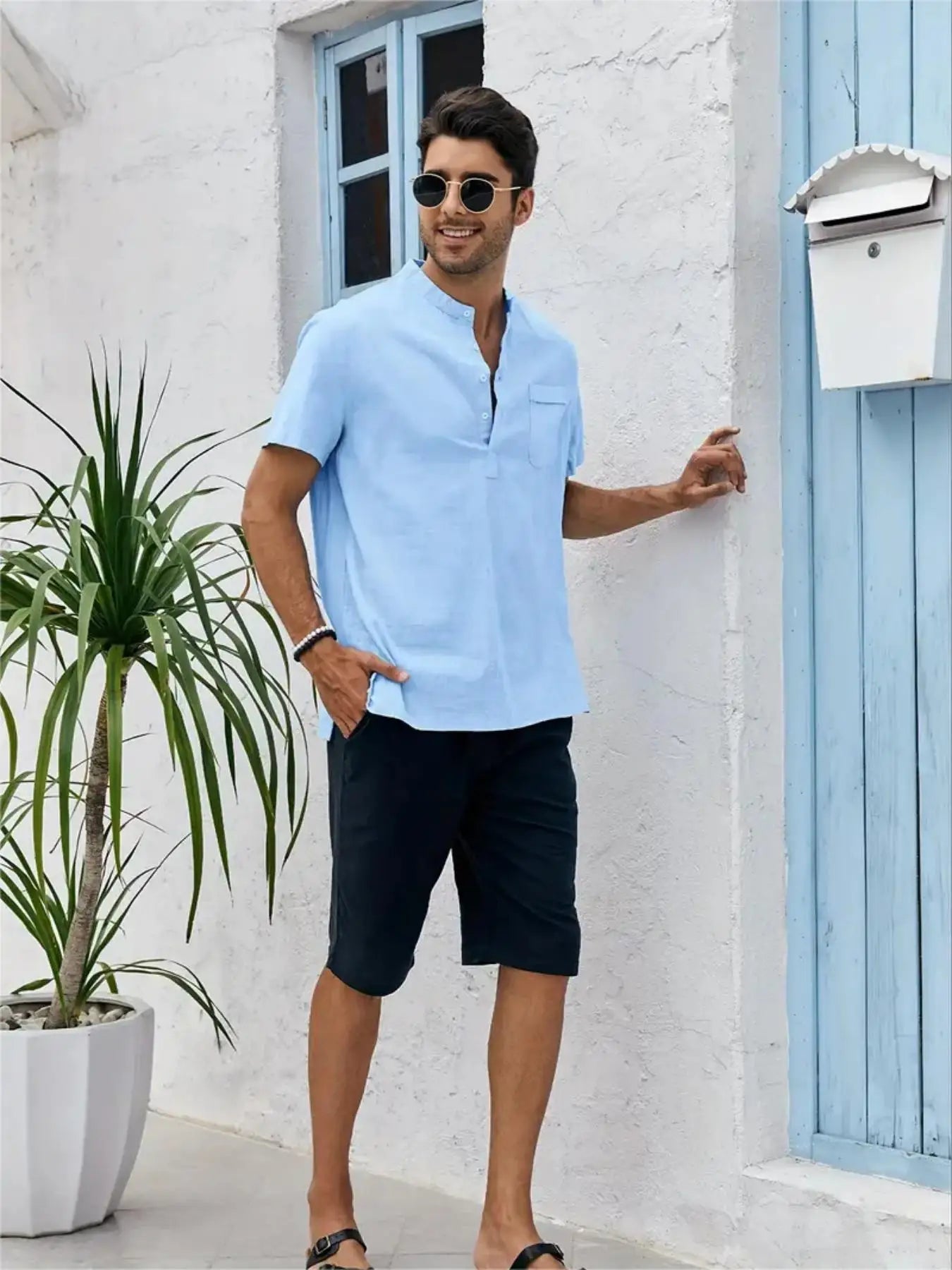 Men's Cotton/Linen Shirt With Pocket, Casual Polo Shirt....20% OFF!