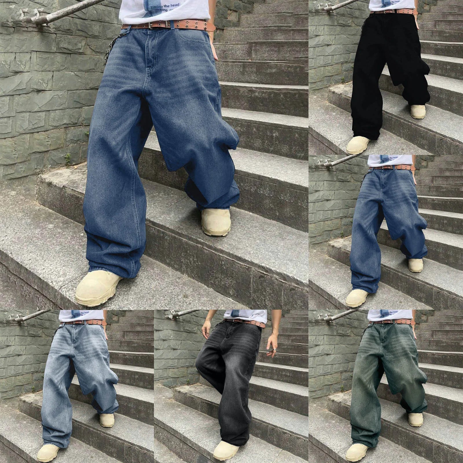 Men's Baggy Denim Pants, Wide Leg, High Waist, Belt Casual Pants, Loose Plus Size Stylish Streetwear