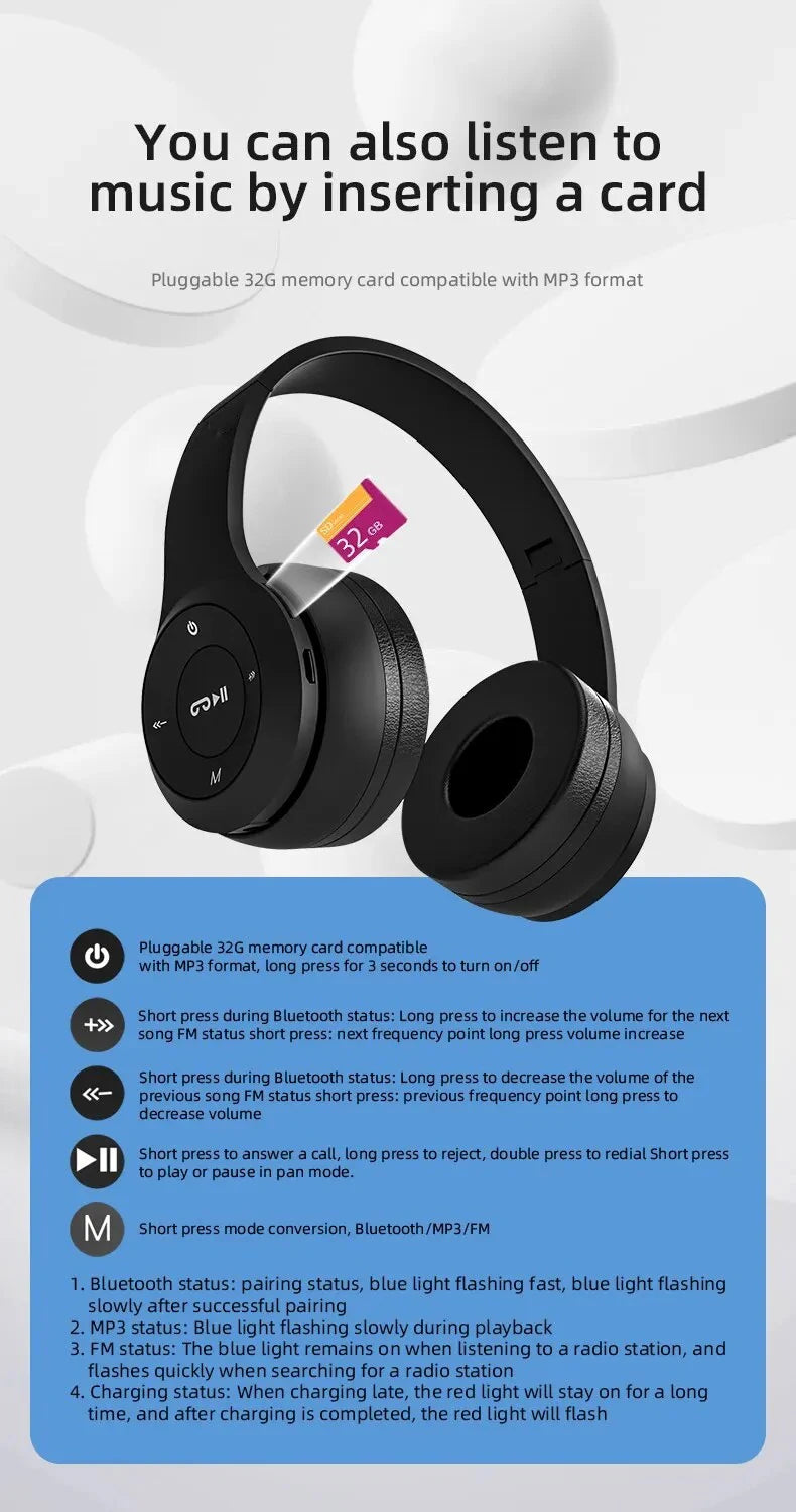 Handsfree Wireless Headphones/Earphone, Noise Canceling, P47 Headset, Bluetooth Head Phone For iPhone, Huawei, Samsung S22