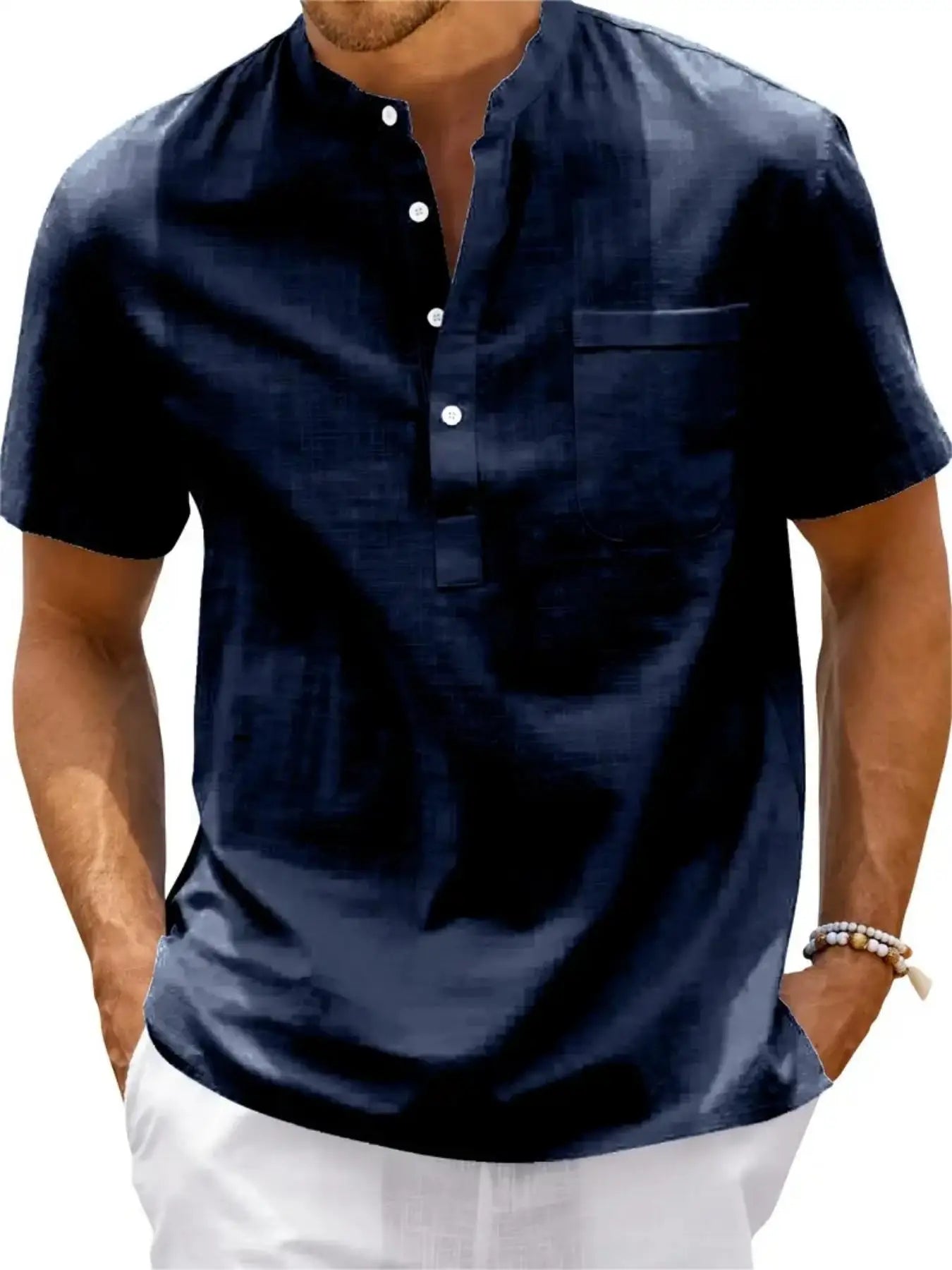 Men's Cotton/Linen Shirt With Pocket, Casual Polo Shirt....20% OFF!