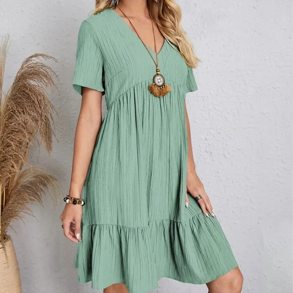 Women's V-Neck Short Sleeve Dress, Loose Waist, Ruffle Fit Flare....20% OFF!