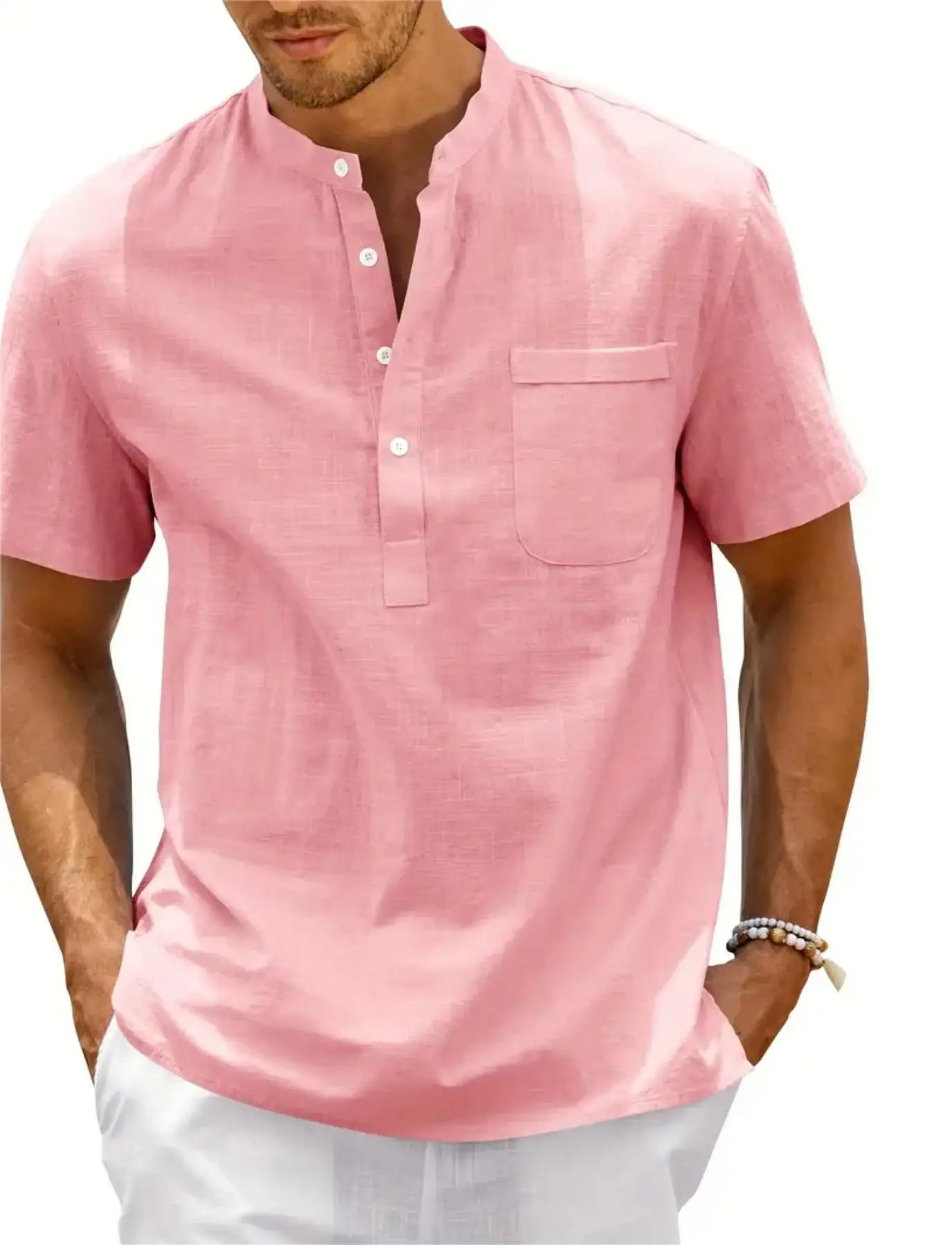 Men's Cotton/Linen Shirt With Pocket, Casual Polo Shirt....20% OFF!