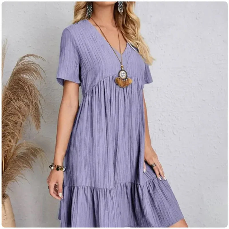 Women's V-Neck Short Sleeve Dress, Loose Waist, Ruffle Fit Flare....20% OFF!