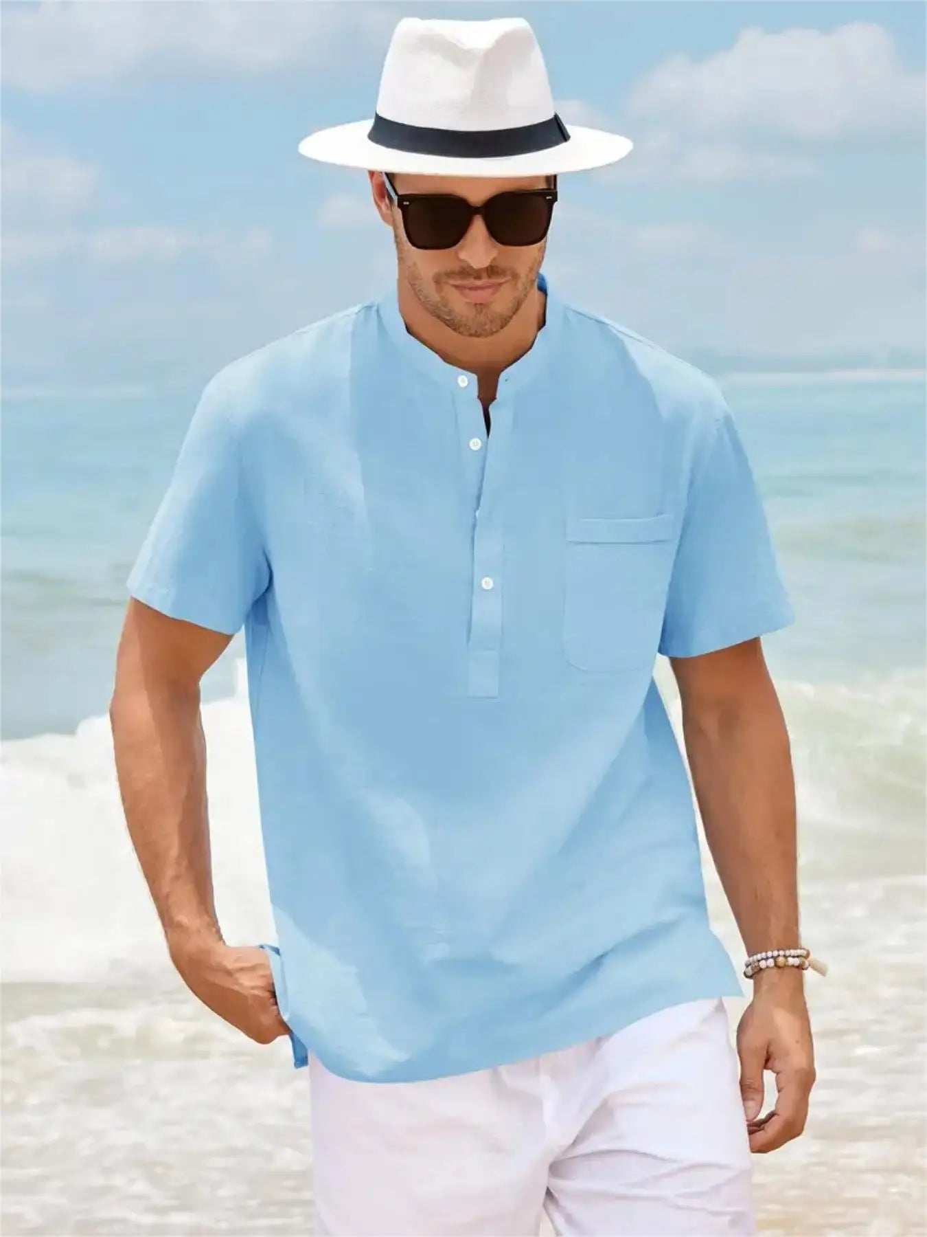 Men's Cotton/Linen Shirt With Pocket, Casual Polo Shirt....20% OFF!