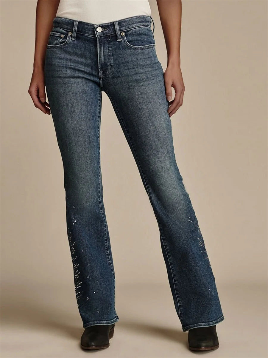 Women's High-Waisted Rhinestone Flared Jeans With Embellished Pockets & Frayed Hemline.....15% OFF!