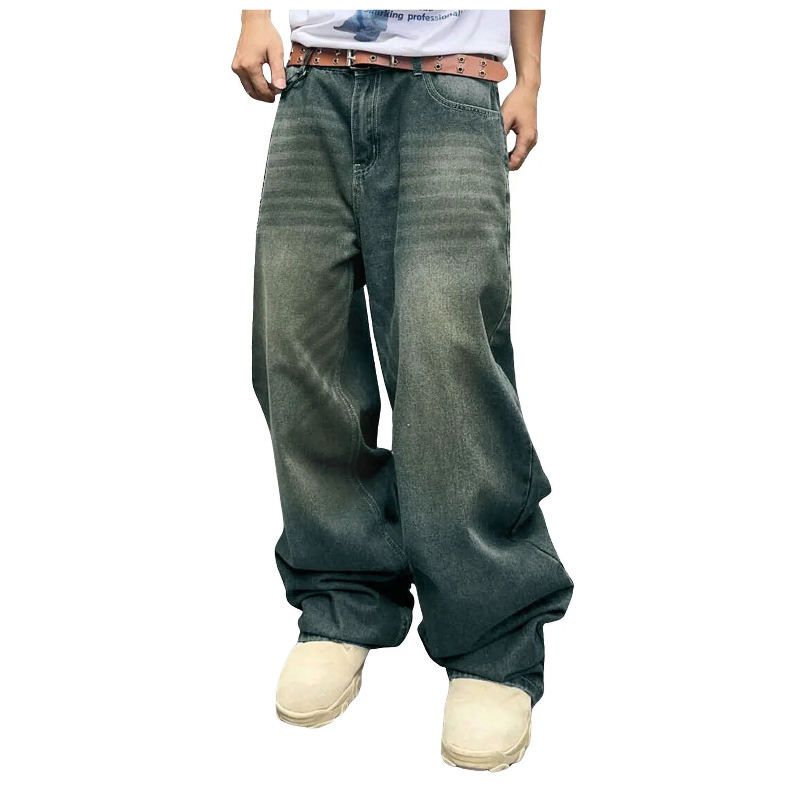 Men's Baggy Denim Pants, Wide Leg, High Waist, Belt Casual Pants, Loose Plus Size Stylish Streetwear