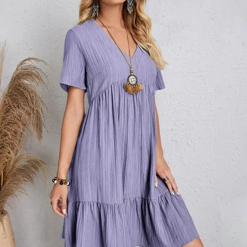 Women's V-Neck Short Sleeve Dress, Loose Waist, Ruffle Fit Flare....20% OFF!