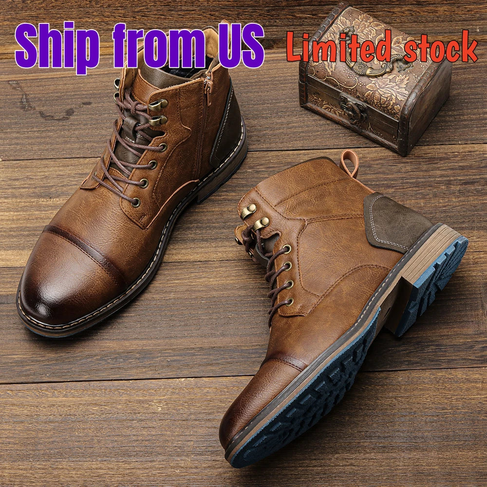 Men's Leather Retro Boots, Ankle High