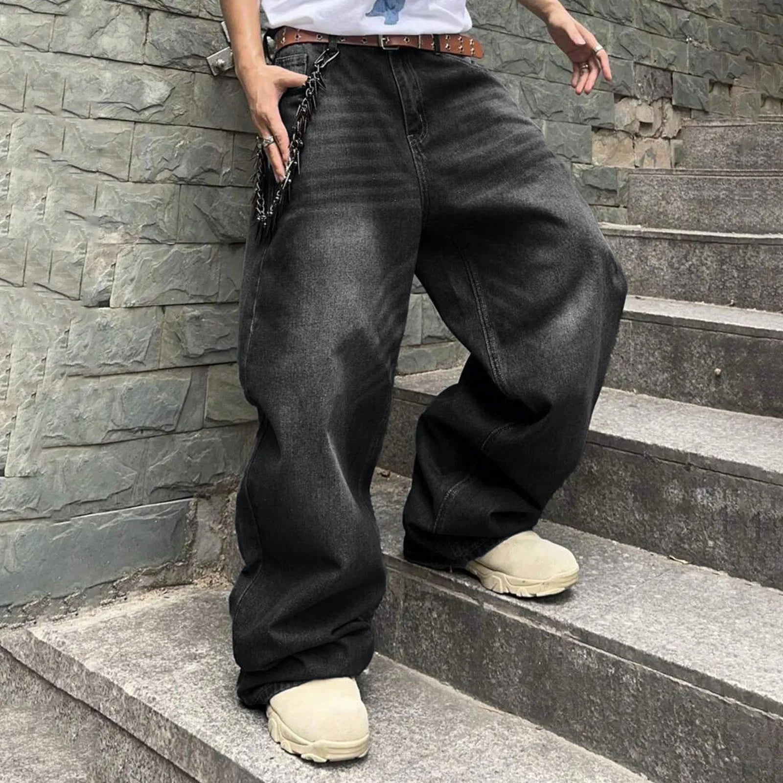 Men's Baggy Denim Pants, Wide Leg, High Waist, Belt Casual Pants, Loose Plus Size Stylish Streetwear