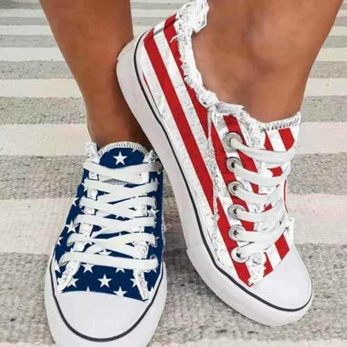 Women's Stars & Striped Lace Up Sneakers, Round Toe Casual Shoes.