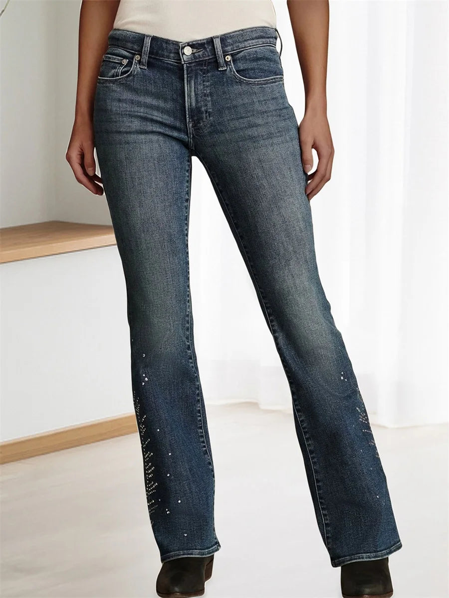 Women's High-Waisted Rhinestone Flared Jeans With Embellished Pockets & Frayed Hemline.....15% OFF!