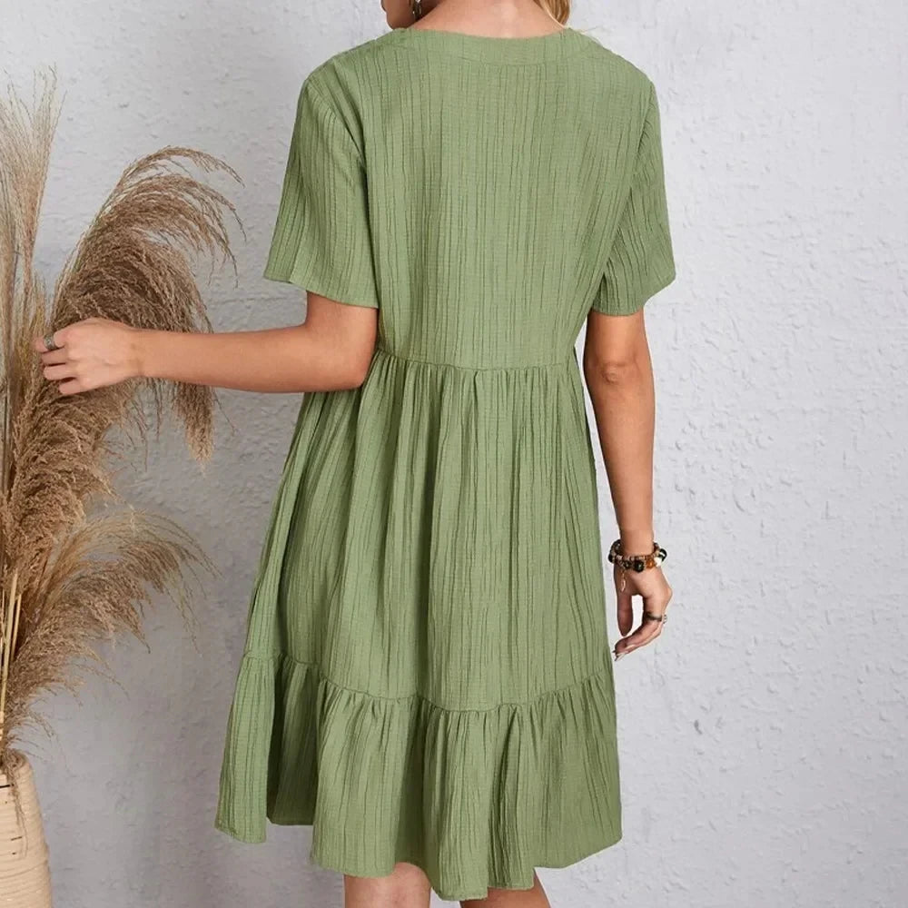 Women's V-Neck Short Sleeve Dress, Loose Waist, Ruffle Fit Flare....20% OFF!