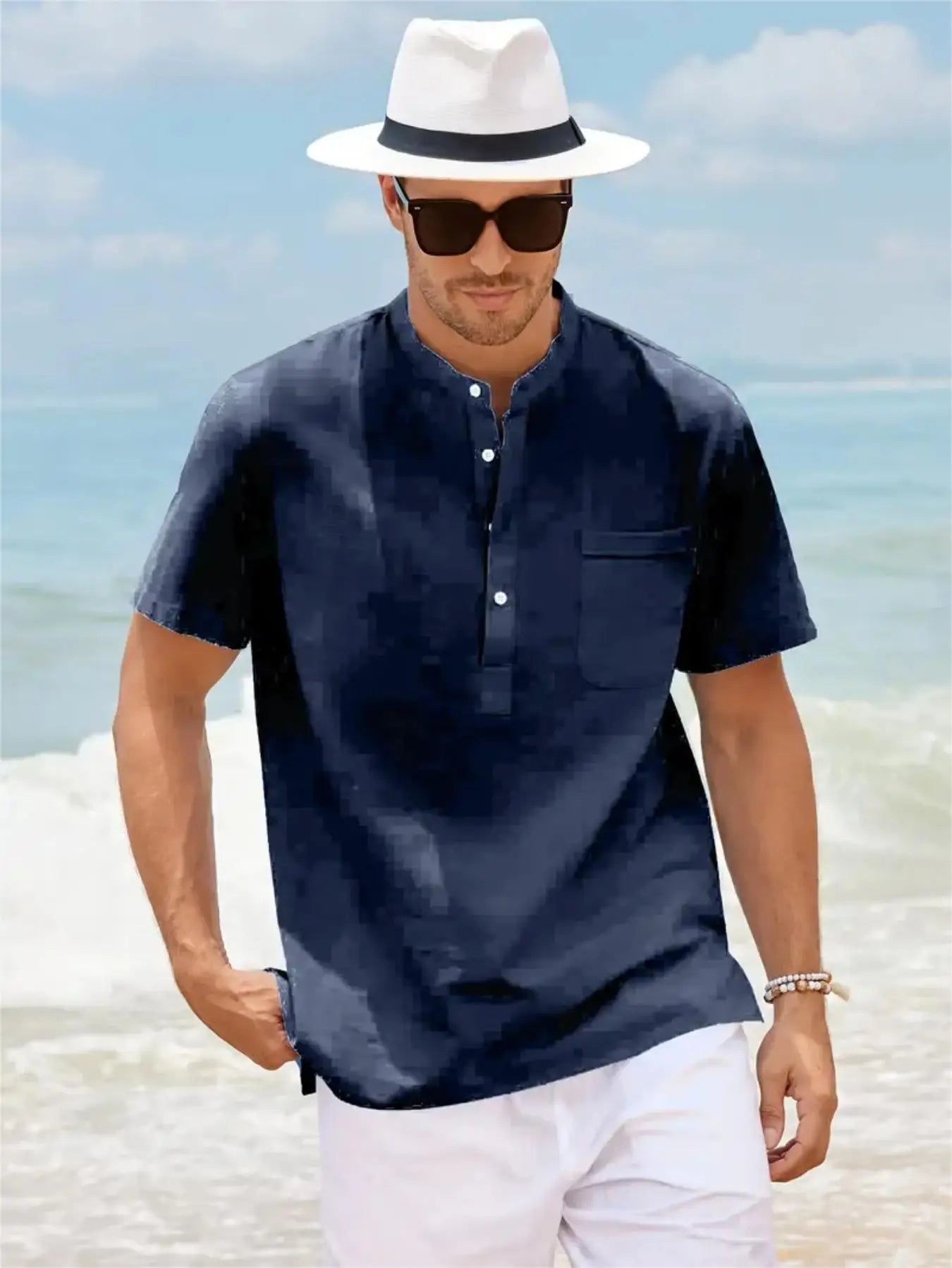 Men's Cotton/Linen Shirt With Pocket, Casual Polo Shirt....20% OFF!