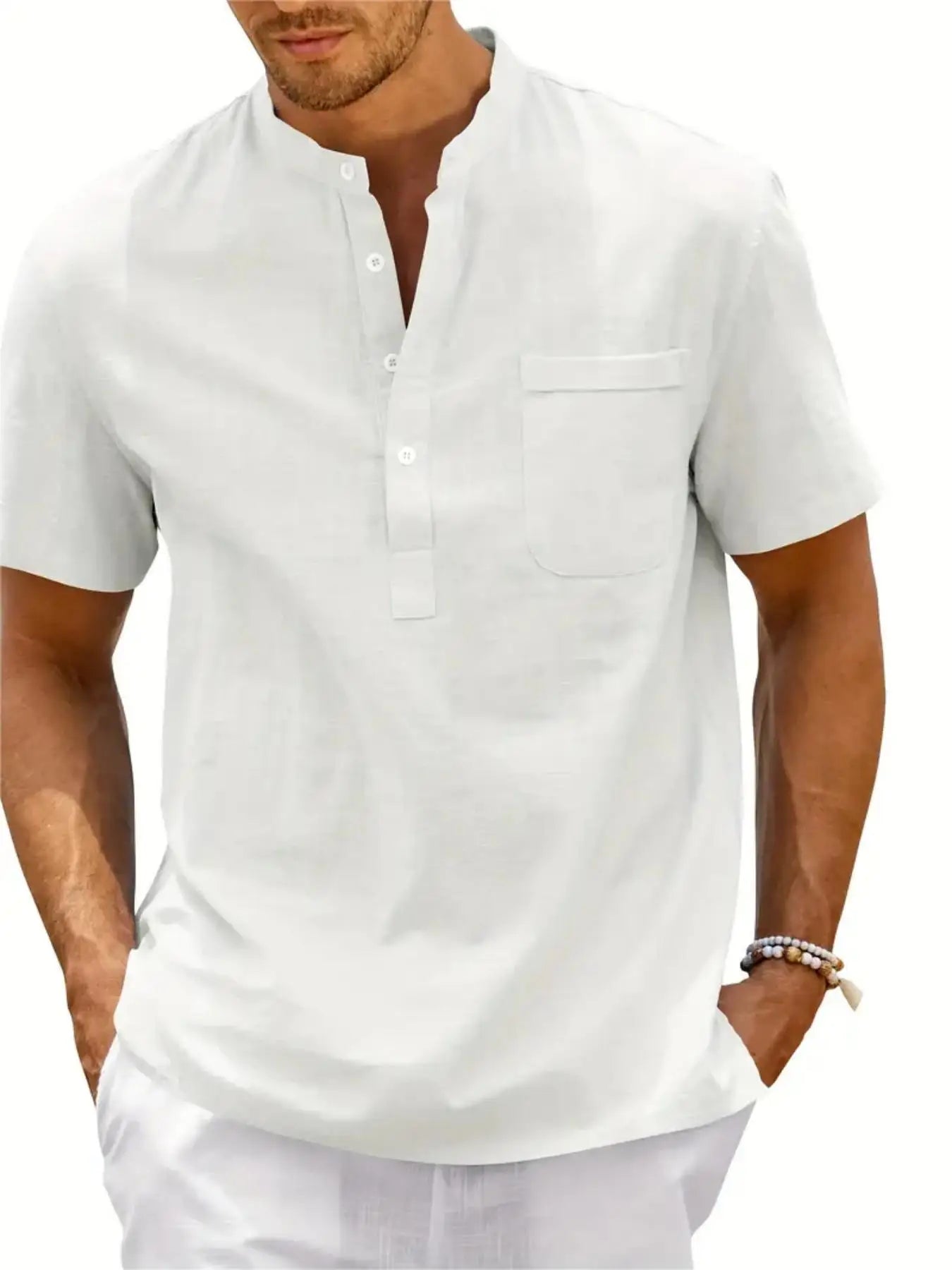 Men's Cotton/Linen Shirt With Pocket, Casual Polo Shirt....20% OFF!