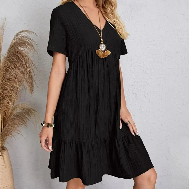 Women's V-Neck Short Sleeve Dress, Loose Waist, Ruffle Fit Flare....20% OFF!