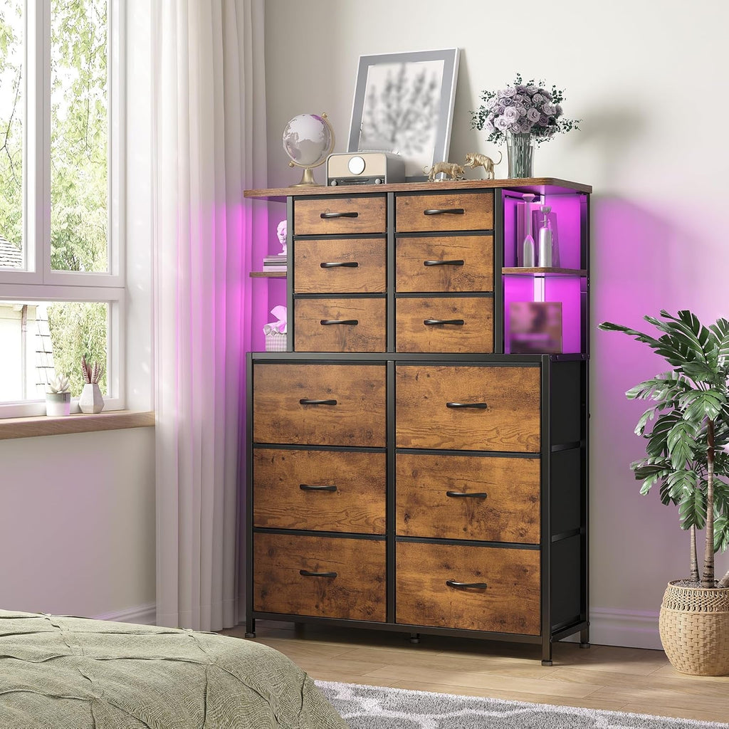 Bedroom Dresser With LED Lights In 16 Color Modes,  12 Drawers, Rustic Brown, Spacious Top Shelf...ONLY 6 MORE REMAINING!