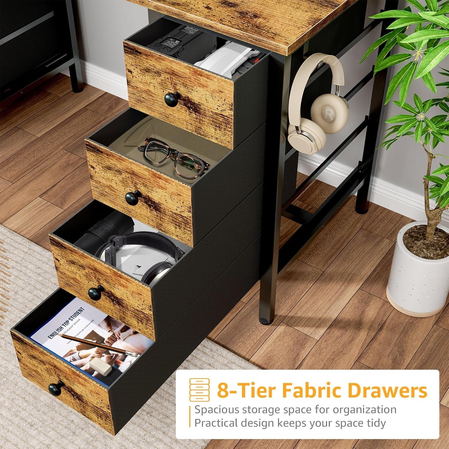 Home Office Desk With 8 Fabric Drawers For Storage, Easy Setup In Approximately 20 Minutes.