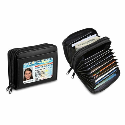 Women's Genuine Leather Credit Card Wallet, W/ ID Display Window, One 10-Card Slot For Cards, 2 Wide Slots For Bills, Coins , Secure RFID Blocking Technology.
