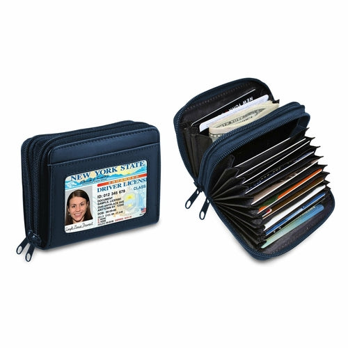 Women's Genuine Leather Credit Card Wallet, W/ ID Display Window, One 10-Card Slot For Cards, 2 Wide Slots For Bills, Coins , Secure RFID Blocking Technology.
