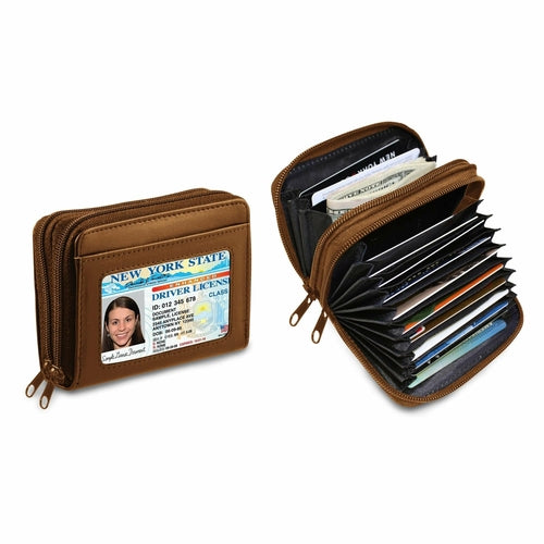 Women's Genuine Leather Credit Card Wallet, W/ ID Display Window, One 10-Card Slot For Cards, 2 Wide Slots For Bills, Coins , Secure RFID Blocking Technology.