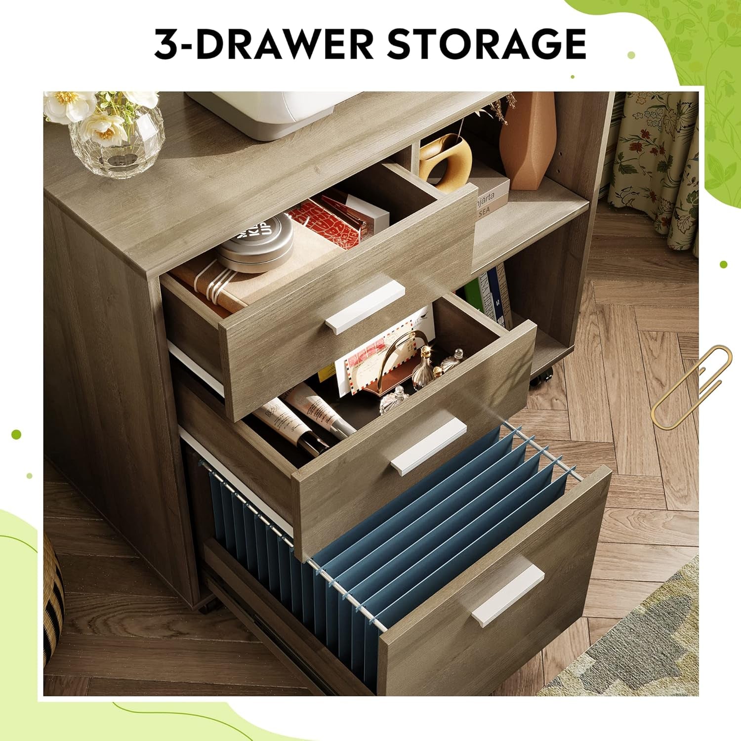 Three Drawer Mobile File Cabinet In Gray Oak With Open Shelves Printer Stand For Home Office-3