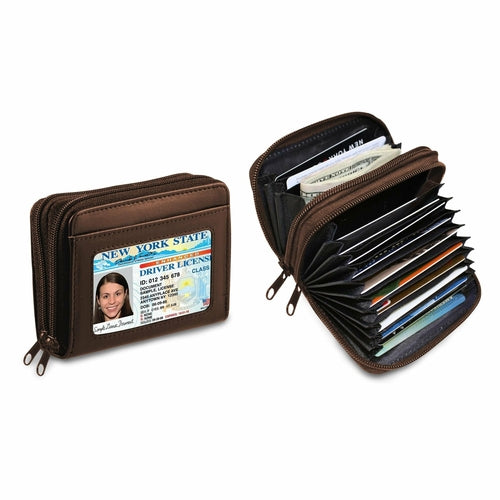 Women's Genuine Leather Credit Card Wallet, W/ ID Display Window, One 10-Card Slot For Cards, 2 Wide Slots For Bills, Coins , Secure RFID Blocking Technology.