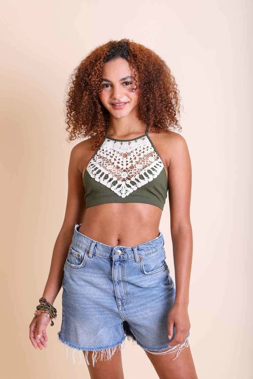 Women's Crochet Lace High Neck Bralette – Halter Style With Cross-Back.