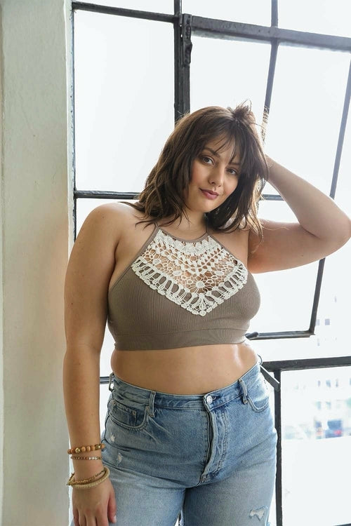 Women's Crochet Lace High Neck Bralette – Halter Style With Cross-Back.