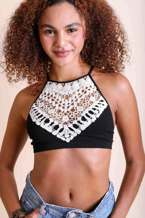 Women's Crochet Lace High Neck Bralette – Halter Style With Cross-Back.