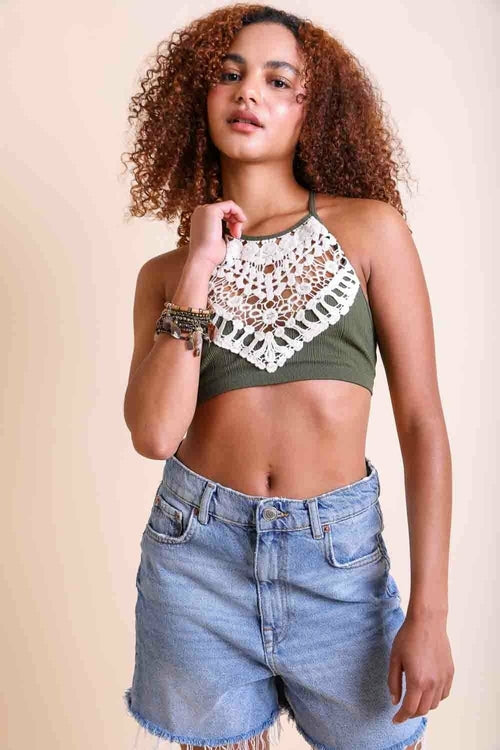 Women's Crochet Lace High Neck Bralette – Halter Style With Cross-Back.