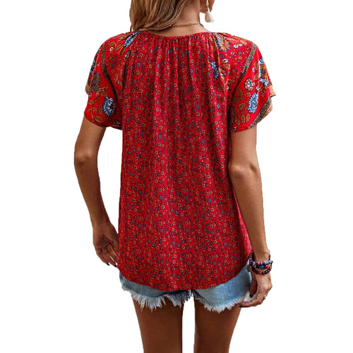 Women's Floral V-Neck Top, Short Sleeve Summer Blouse.