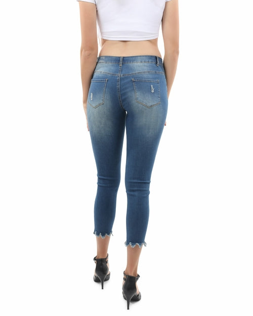 Women's Distressed High Waisted Jeans, Faded Wash & Frayed Hem.