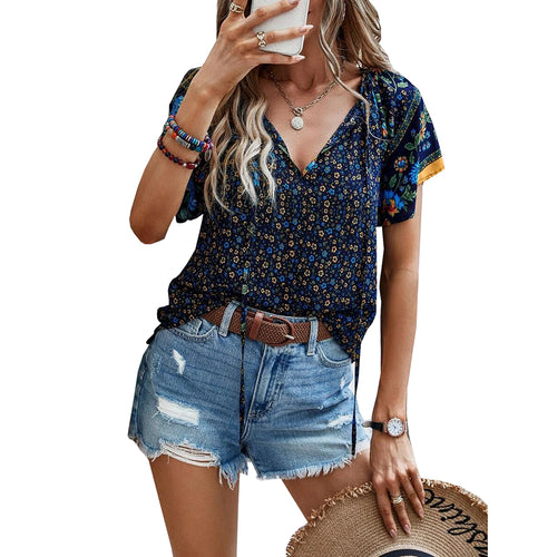 Women's Floral V-Neck Top, Short Sleeve Summer Blouse.