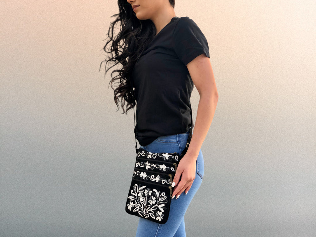 Women's Suede, Embroidered, Gray & Black, Five Zipper, Crossbody Bag. ONLY 26 REMAINING IN STOCK!