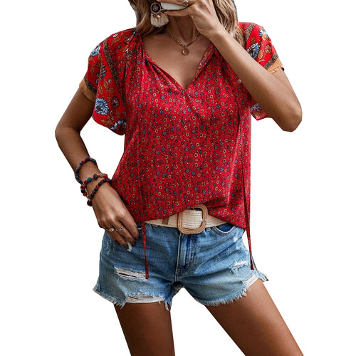 Women's Floral V-Neck Top, Short Sleeve Summer Blouse.