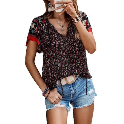 Women's Floral V-Neck Top, Short Sleeve Summer Blouse.