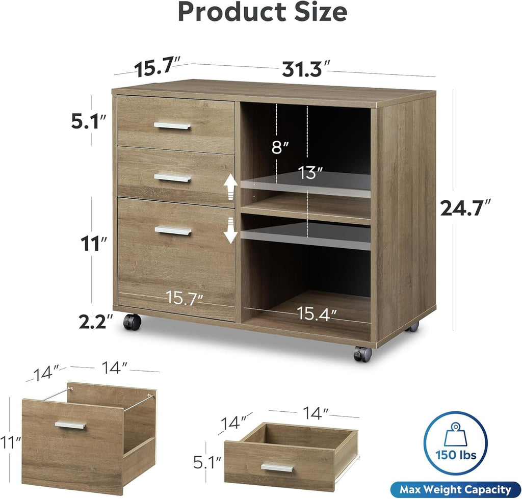 Three Drawer Mobile File Cabinet In Gray Oak With Open Shelves Printer Stand For Home Office-2