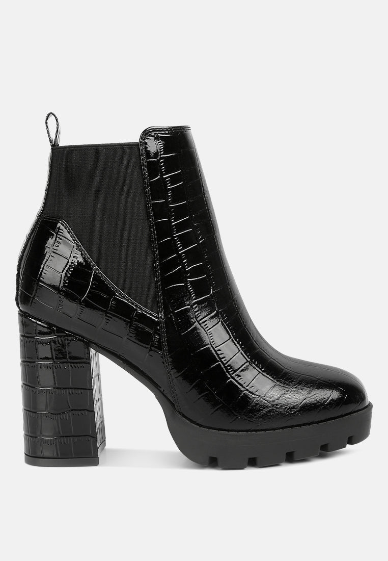 Women's Chelsea Boots, Crocodile Skin Pattern, Elastic Gusset On Both Sides, Chunky Block Heel-0