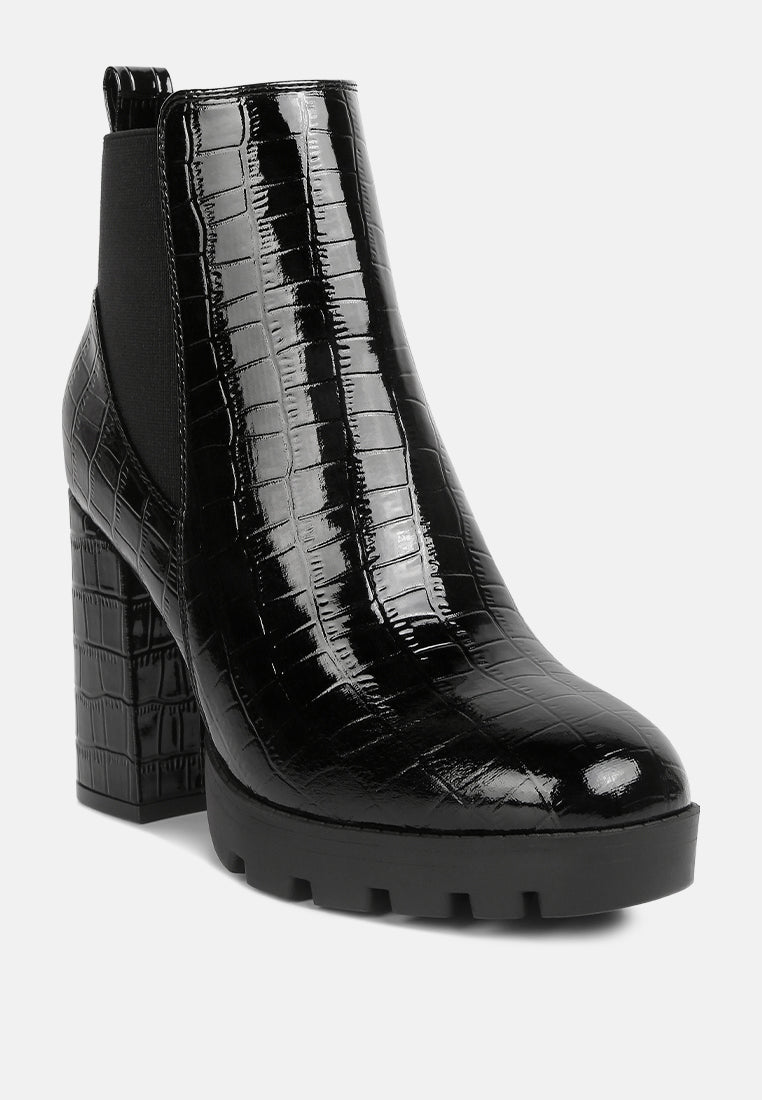 Women's Chelsea Boots, Crocodile Skin Pattern, Elastic Gusset On Both Sides, Chunky Block Heel-1