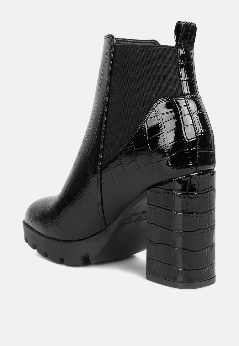 Women's Chelsea Boots, Crocodile Skin Pattern, Elastic Gusset On Both Sides, Chunky Block Heel-2