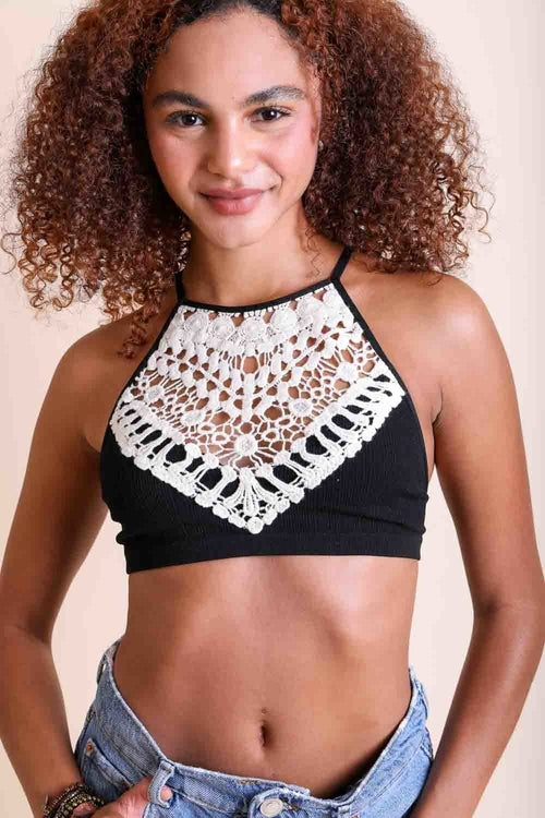 Women's Crochet Lace High Neck Bralette – Halter Style With Cross-Back.