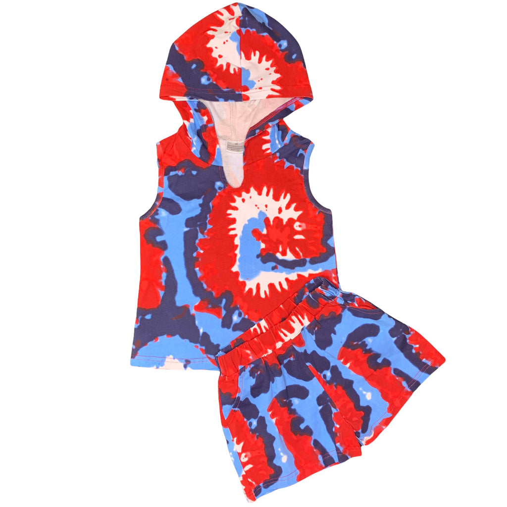 Girls & Boys Red- White- & Blue Tie Dye Hoodie Tank & Shorts Set, 4th of July.