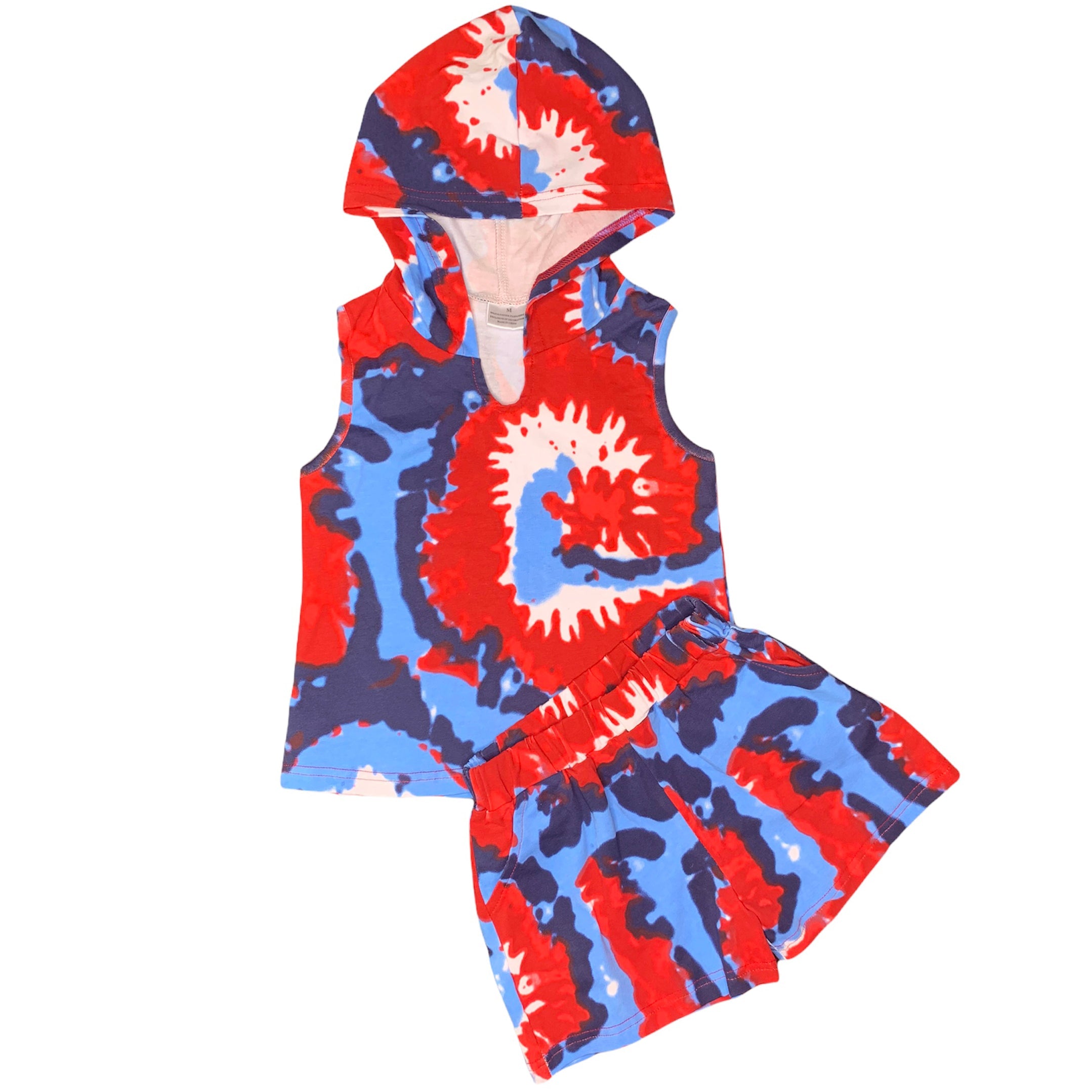 Girls & Boys Red- White- & Blue Tie Dye Hoodie Tank & Shorts Set, 4th of July.