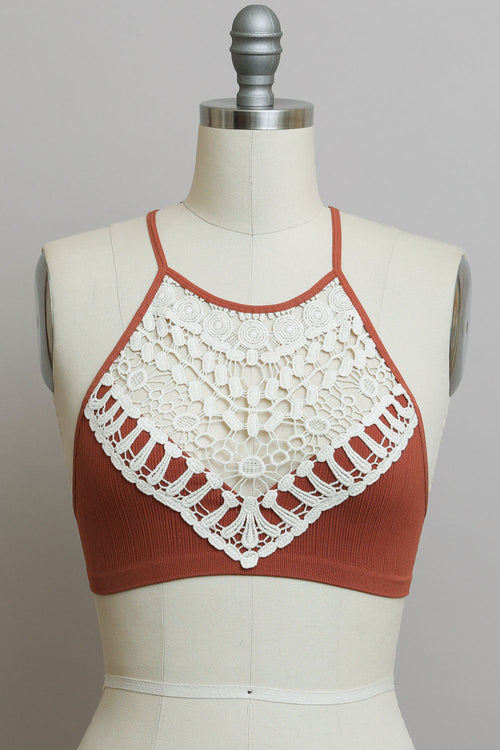 Women's Crochet Lace High Neck Bralette – Halter Style With Cross-Back.