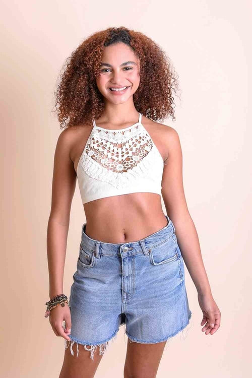 Women's Crochet Lace High Neck Bralette – Halter Style With Cross-Back.