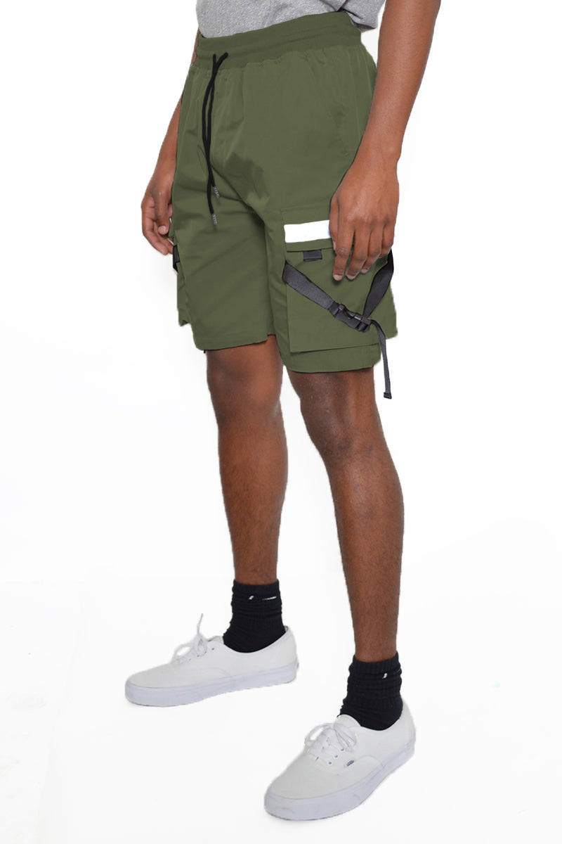 Men's Tactical Cargo Shorts, Side Cargo Pocket With Reflective Tape, Tactical Straps & Buckle.