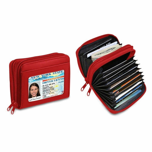 Women's Genuine Leather Credit Card Wallet, W/ ID Display Window, One 10-Card Slot For Cards, 2 Wide Slots For Bills, Coins , Secure RFID Blocking Technology.