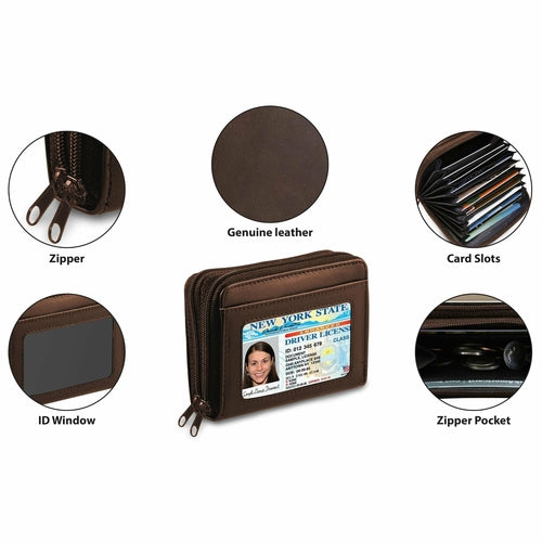 Women's Genuine Leather Credit Card Wallet, W/ ID Display Window, One 10-Card Slot For Cards, 2 Wide Slots For Bills, Coins , Secure RFID Blocking Technology.
